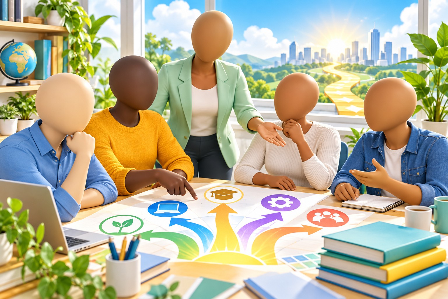 Mixed-skin-tone adult learners choosing a next step